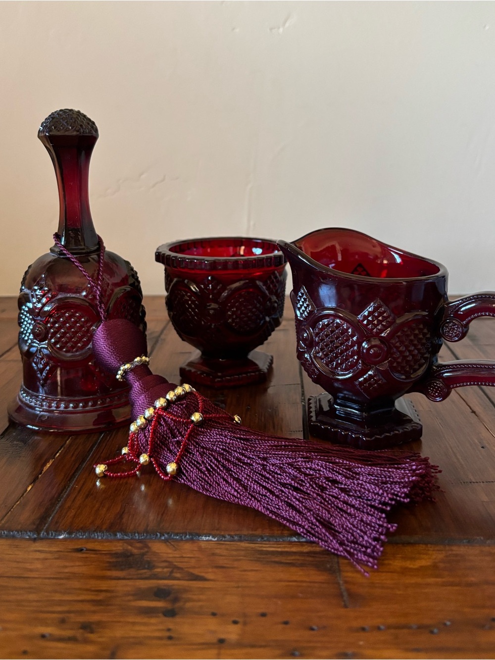 Ruby Red Avon 1876 Cape Cod Collection Sugar Creamer Bell Tassel